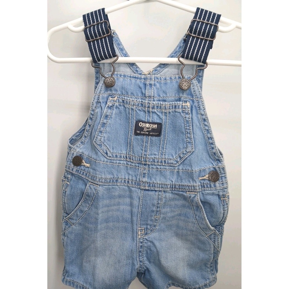 OshKosh B'gosh Denim Overall Shorts Romper One-Piece 6 Mo Baby Sewn On Logo